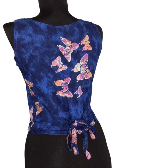 Bali Casuals S Top Vest Butterfly Print Blue Button Down Sleeveless Tie Back - Picture 3 of 8